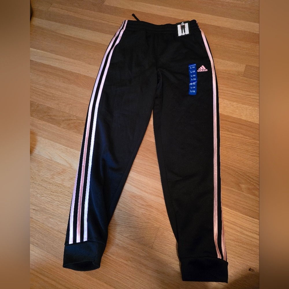 Adidas Kids Black Joggers with Pink Stripes sz 14 Nwt